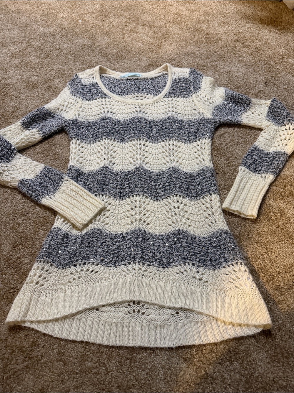Maurices Cream and Gray Striped Open-Knit Crewneck Sweater